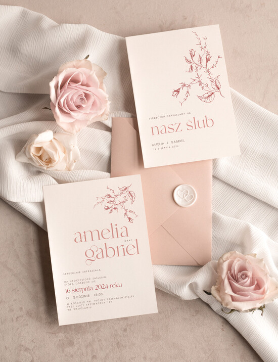 Zaproszenia ślubne Proste i Nowoczesne  rustykalne zaproszenia slubne, eleganckie zaproszenia na ślub pudrowy róż, delikatne zaproszenia ślu 57/Now/z