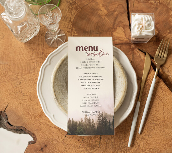 Menu Nowoczesne prosta forma  eleganckie menu na stoły weselne, karta dań na wesele, proste menu weselne w kolorze ecru, karta dań 03/LASj/m