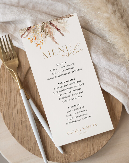 Menu Nowoczesne prosta forma  eleganckie menu na stoły weselne, karta dań na wesele, proste menu weselne w kolorze ecru, karta dań 02/NowSK/m