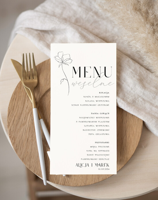 Menu Nowoczesne prosta forma  nowoczesne i proste menu weselne, karta dań weselnych menu weselne plan podawania posiłków, menu dop 11/Now/m