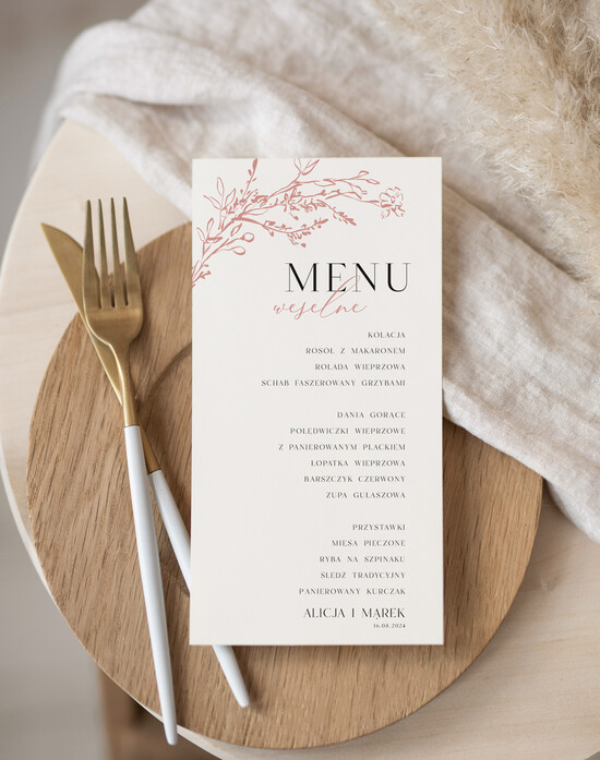 Menu Nowoczesne prosta forma  eleganckie menu na stoły weselne, karta dań na wesele, proste menu weselne w kolorze ecru, karta dań 21/Now/m