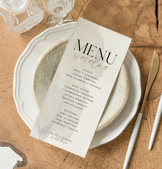 Menu Nowoczesne prosta forma  eleganckie menu na stoły weselne, karta dań na wesele, proste menu weselne w kolorze ecru, karta dań 36/Now/m