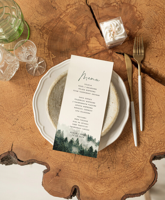 Menu Nowoczesne prosta forma  eleganckie menu na stoły weselne, karta dań na wesele, proste menu weselne w kolorze ecru, karta dań 02/LASj/m