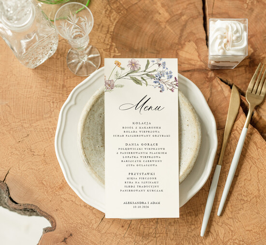 Menu Nowoczesne prosta forma  kwiatowe menu na stoły weselne, karta dań na wesele, proste menu weselne w kolorze ecru, karta dań w 01/NW/m25