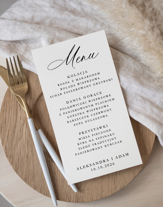 Menu Nowoczesne prosta forma  eleganckie menu na stoły weselne, karta dań na wesele, proste menu weselne w kolorze ecru, karta dań 01/kopZŁkalSs/m25