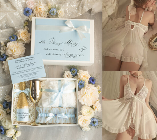Prezenty dla Panny Młodej  zestawy z koszulką na noc poślubną Prezent na wieczór Panieński - komplet na noc poslubną box prezentowy z podwiązką coś niebieskiego  02/KNZnb/pPM