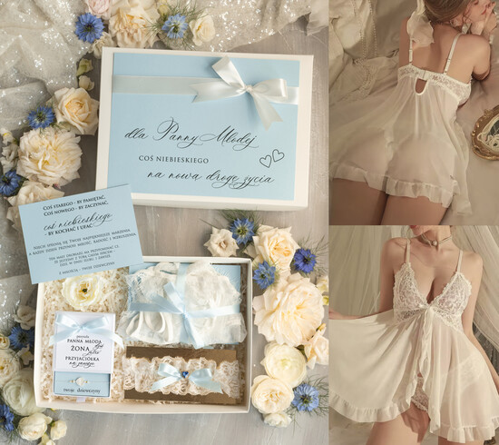 Prezenty dla Panny Młodej  zestawy z koszulką na noc poślubną Prezent na wieczór Panieński - komplet na noc poslubną box prezentowy z podwiązką i bransoletką coś  04/KNZnbBr/pPM