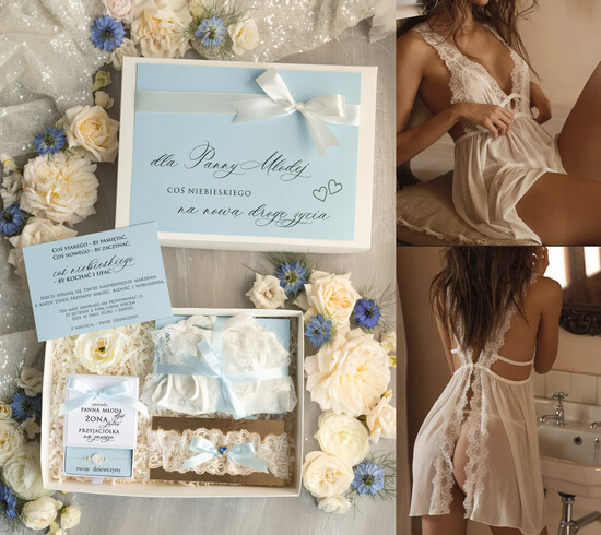Prezenty dla Panny Młodej  zestawy z koszulką na noc poślubną Prezent na wieczór Panieński - komplet na noc poslubną box prezentowy z podwiązką i bransoletką coś  03/KNZnbBr/pPM
