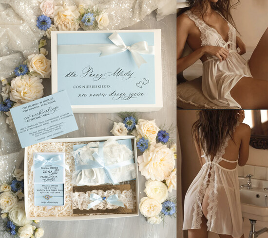 Prezenty dla Panny Młodej  zestawy z koszulką na noc poślubną Prezent na wieczór Panieński - komplet na noc poslubną box prezentowy z podwiązką i bransoletką coś  02/KNZnbBr/pPM