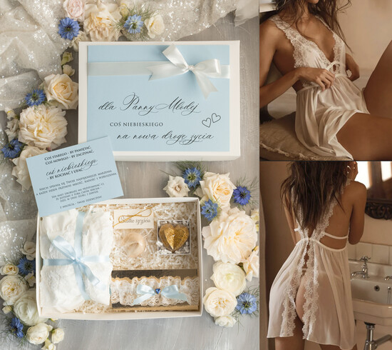 Prezenty dla Panny Młodej  zestawy z koszulką na noc poślubną Prezent na wieczór Panieński - komplet na noc poslubną box prezentowy z podwiązką coś niebieskiego  01/KNZnbn/pPM