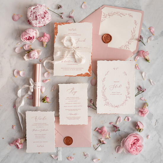 Zaproszenia ślubne Wydzierane Brzegi Zaproszenia ślubne z miedzianym zdobieniem, delikatne zaproszenia na ślub z miedzią, zaproszenie gla 04/WRzl/z