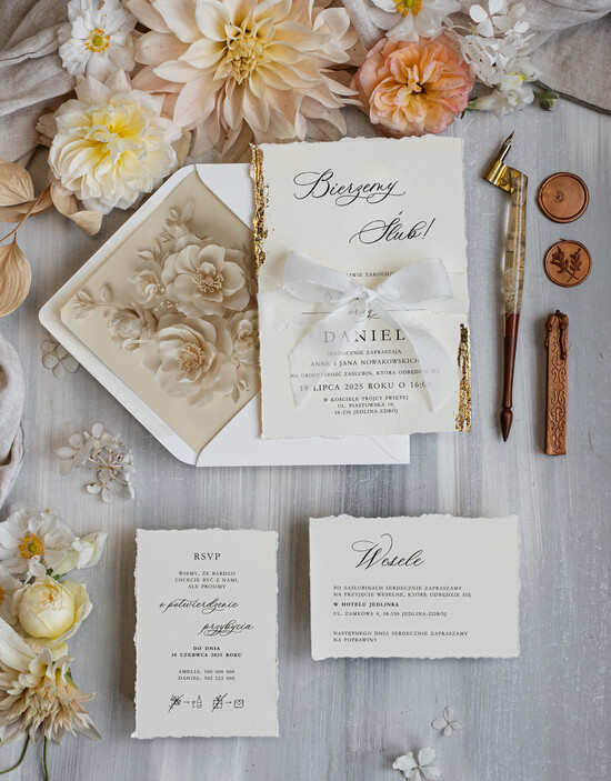 Zaproszenia ślubne Wydzierane Brzegi Zaproszenia Ślubne Z Płatkami Złota, Delikatne Zaproszenia Na Ślub Ze Złotem, Zaproszenie Glamour Z  03/wrzlN/z25