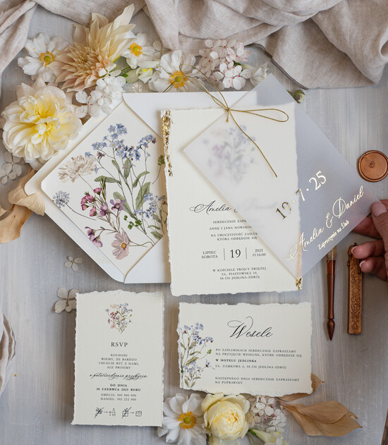 Zaproszenia ślubne Wydzierane Brzegi Zaproszenia Ślubne Z Płatkami Złota, Delikatne Zaproszenia Na Ślub Ze Złotem, Zaproszenie Glamour zł 01/wydzKal/z25