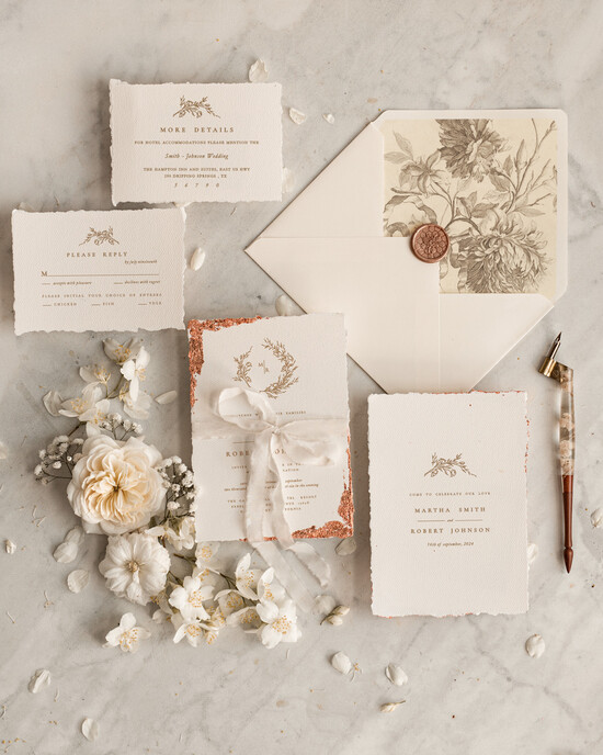 Zaproszenia ślubne Wydzierane Brzegi szarpane zaproszenia ślubne z płatkami złota delikatne zaproszenia na ślub ze złotem zaproszenie gla 16/wrzl/z