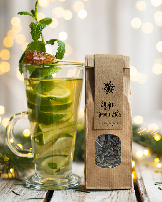 drobne prezenty dla firm HERBATA KAWA herbata swiateczna prezent, Upominki firmowe na Boże Narodzenie zielona herbata mojito, Herbata świą 01/EKOgw/UHERBMj