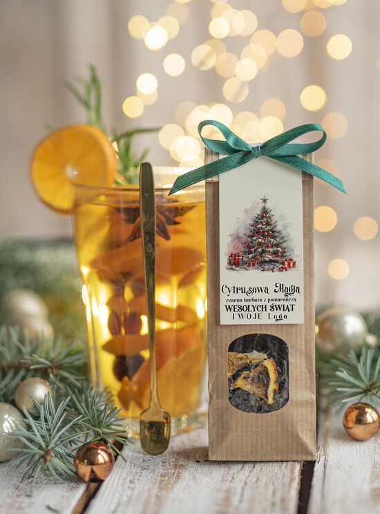 drobne prezenty dla firm HERBATA KAWA herbata swiateczna prezent, Upominki firmowe na Boże Narodzenie zielona herbata z pomarańczą, Herbat 05/MKJ/UHERBP