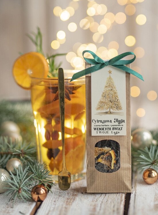 drobne prezenty dla firm HERBATA KAWA herbata swiateczna prezent, Upominki firmowe na Boże Narodzenie zielona herbata z pomarańczą, Herbat 02/MKJ/UHERBP