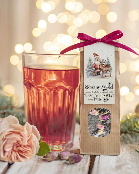 drobne prezenty dla firm HERBATA KAWA herbata swiateczna prezent, Upominki firmowe na Boże Narodzenie herbata świąteczna pakami róży, Herb 01/MKJ/UHERBR