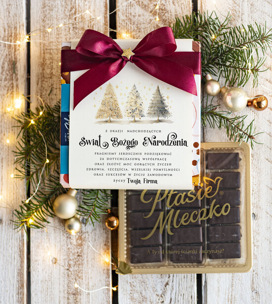 drobne prezenty dla firm CZEKOLADA/ pralinki/ bomboniery czekoladki ptasie mleczko bombonierka na prezent świąteczny z logo, Drobne prezenty dla firm świątec 02/MKJ/UPTm