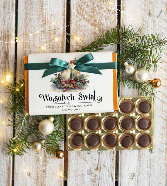drobne prezenty dla firm CZEKOLADA/ pralinki/ bomboniery czekoladki bombonierka na prezent świąteczny z logo,  Drobne prezenty dla firm świąteczne czekoladki 07/MKJ/UTofi