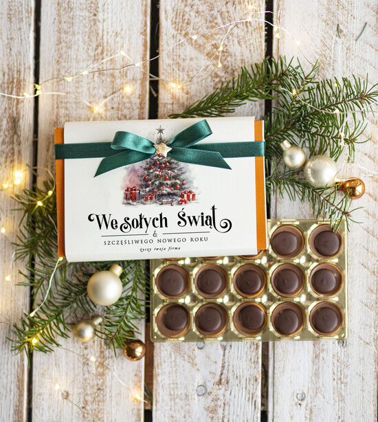 drobne prezenty dla firm CZEKOLADA/ pralinki/ bomboniery czekoladki bombonierka na prezent świąteczny z logo,  Drobne prezenty dla firm świąteczne czekoladki 05/MKJ/UTofi