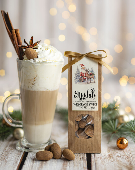 drobne prezenty dla firm CHRUPKIE DODATKI Migdały w belgijskiej mlecznej czekoladzie z cynamonem drobne prezenty biznesowe dla firm, drobne sł 01/MKJ/UMc