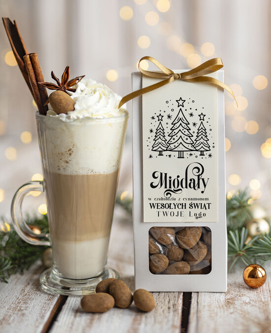 drobne prezenty dla firm CHRUPKIE DODATKI Migdały w belgijskiej mlecznej czekoladzie z cynamonem drobne prezenty biznesowe dla firm, drobne sł 06/MKJ/UMcd