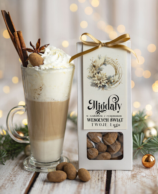 drobne prezenty dla firm CHRUPKIE DODATKI Migdały w belgijskiej mlecznej czekoladzie z cynamonem drobne prezenty biznesowe dla firm, drobne sł 10/MKJ/UMcd