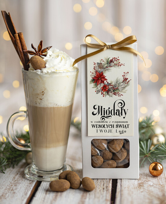 drobne prezenty dla firm CHRUPKIE DODATKI Migdały w belgijskiej mlecznej czekoladzie z cynamonem drobne prezenty biznesowe dla firm, drobne sł 09/MKJ/UMcd