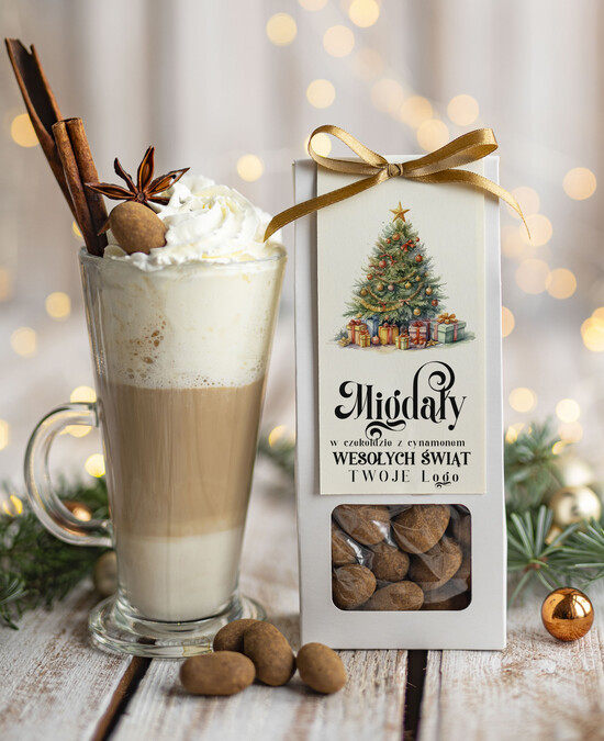 drobne prezenty dla firm CHRUPKIE DODATKI Migdały w belgijskiej mlecznej czekoladzie z cynamonem drobne prezenty biznesowe dla firm, drobne sł 03/MKJ/UMcd