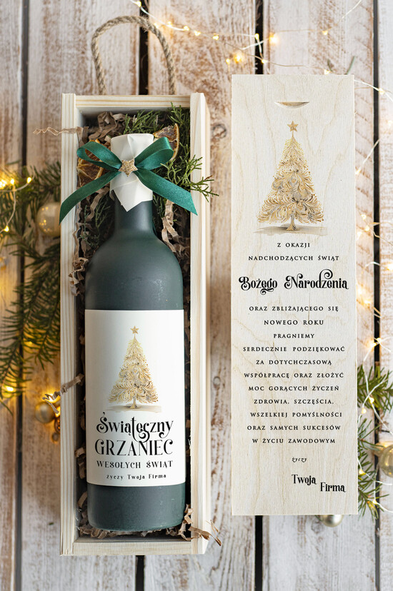 drobne prezenty dla firm GRZANIEC Grzaniec ze świąteczną etykietą w drewnianej skrzynce z nadrukiem, firmowe świąteczne prezenty dla k 02/MKJ/UGRZskrz