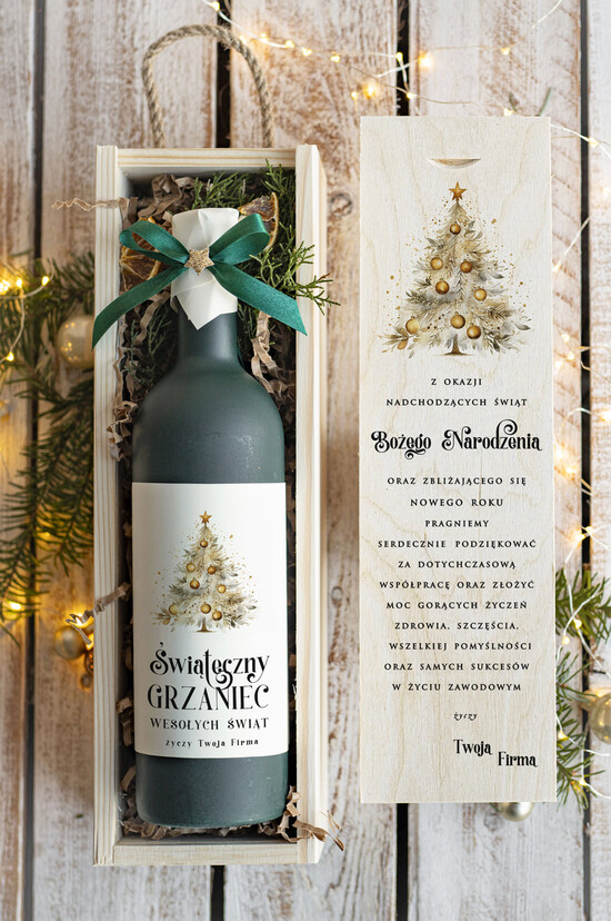 drobne prezenty dla firm GRZANIEC Grzaniec ze świąteczną etykietą w drewnianej skrzynce z nadrukiem, firmowe świąteczne prezenty dla k 04/MKJ/UGRZskrz