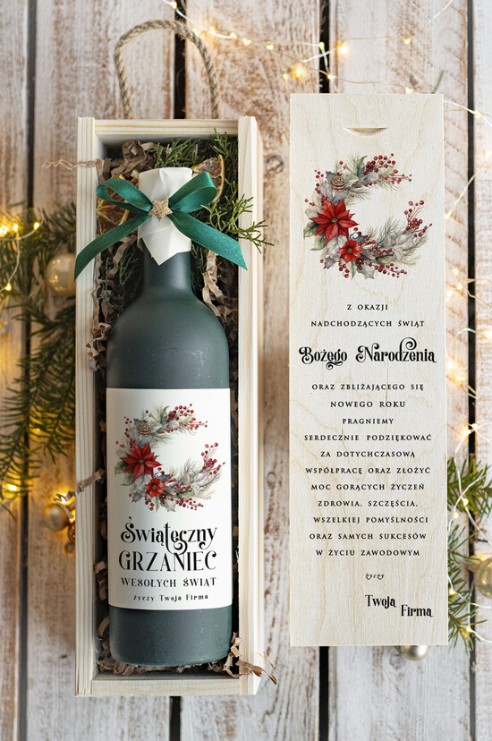 drobne prezenty dla firm GRZANIEC Grzaniec ze świąteczną etykietą w drewnianej skrzynce z nadrukiem, firmowe świąteczne prezenty dla k 09/MKJ/UGRZskrz