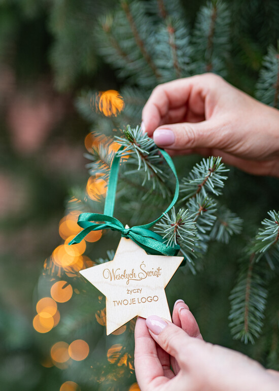 drobne prezenty dla firm Bombki ZAWIESZKI na choinkę Prezent Biznesowy Na Święta z Logo drewniana Bombka z logo na choinkę Zawieszka gwiazdka z Logo Firm 05/ZW/swieta