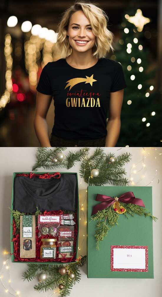 prezenty dla niej Zestawy z Koszulką  Prezent dla Niej Świąteczna Koszulka ze złotym napisem, pomysl na prezent dla mamy pod choinkę zesta 01/KTsw/ZswONA