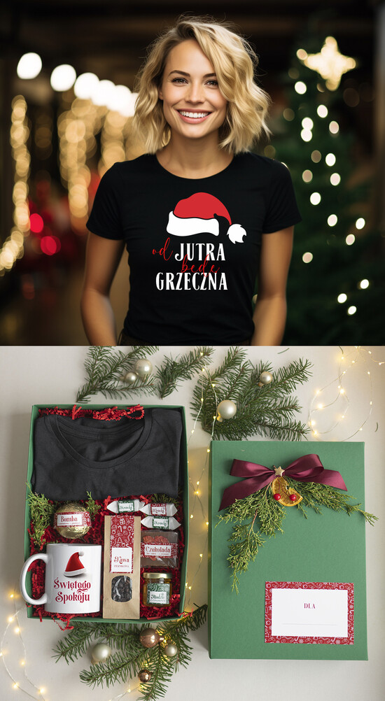 prezenty dla niej Zestawy z Koszulką  Prezent dla Niej Świąteczna Koszulka z napisem, pomysl na prezent dla mamy pod choinkę zestaw z kosz 05/KTsw/ZswONA