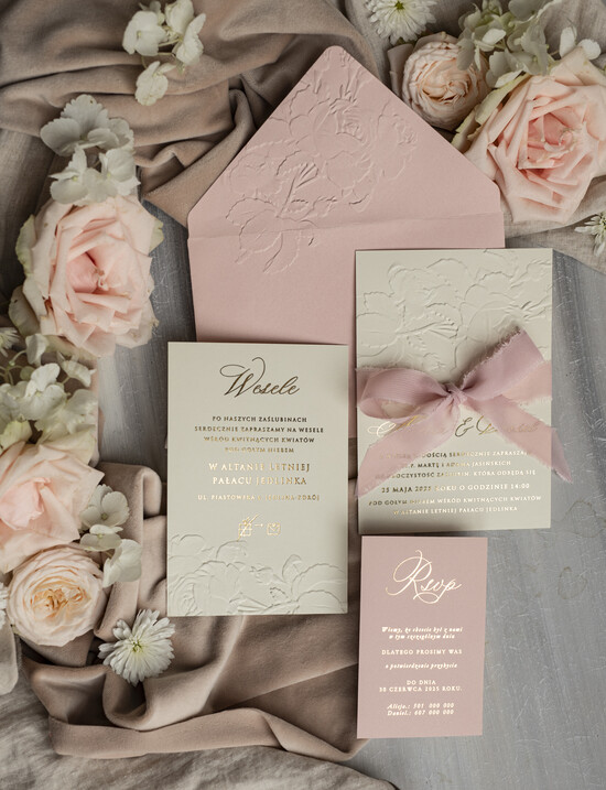 Zaproszenia ślubne z perełkami / tłoczeniem Tłoczone kwiaty na zaproszeniach ślubnych Eleganckie złote zaproszenia ślubne ze wstażką, Złote zapr 01/TłoczWs/z25