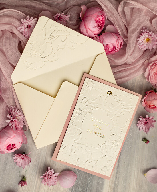 Zaproszenia ślubne z perełkami / tłoczeniem Eleganckie Zaproszenia Na Ślub, Nowoczesne Zaproszenia W Kolorze Różowym, Zaproszenia Ślubne Ze Złot 02/TŁoczZ/z25