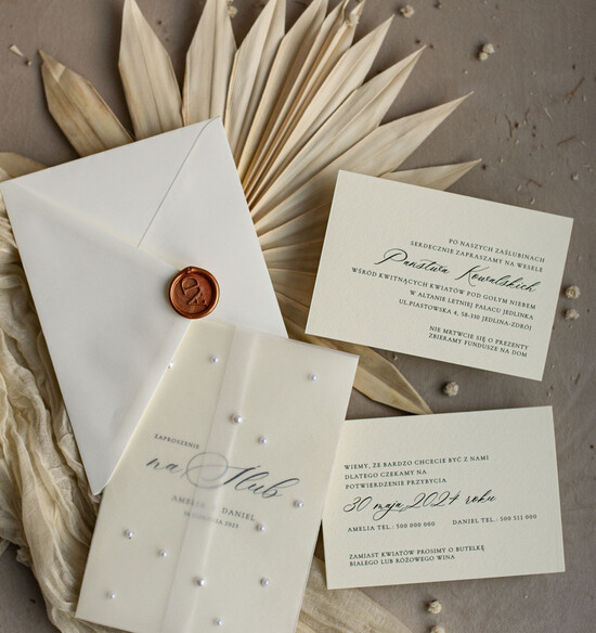 Zaproszenia ślubne z perełkami / tłoczeniem zaproszenia ślubne z perełkami, minimalistyczne zaproszenie na ślub z perełkami i kalką, rwane złoco 01/perkal/z24