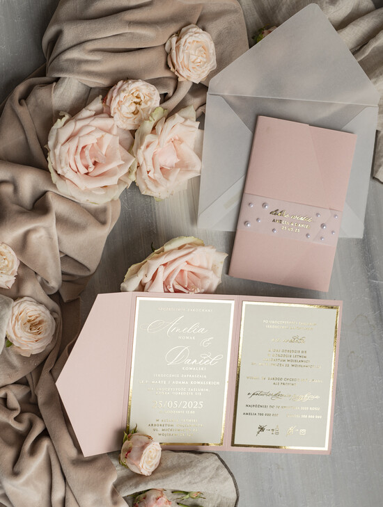 Zaproszenia ślubne z perełkami / tłoczeniem złocone zaproszenia ślubne z perełkami, eleganckie zaproszenie na ślub z perełkami i kalką, kalkowa  01/KopP/z25