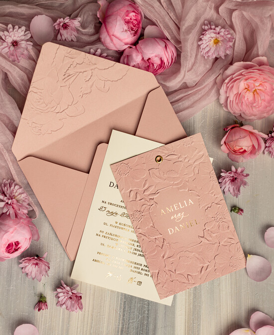 Zaproszenia ślubne z perełkami / tłoczeniem Eleganckie Zaproszenia Na Ślub, Nowoczesne Zaproszenia W Kolorze Różowym, Zaproszenia Ślubne Ze Złot 03/TŁoczZ/z25