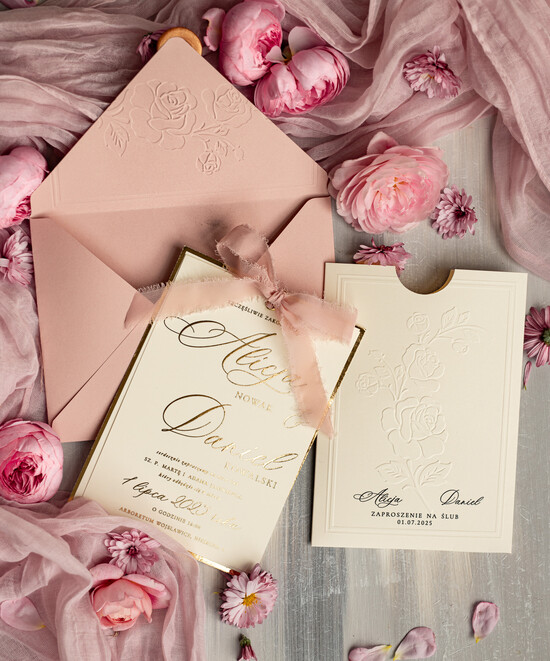 Zaproszenia ślubne z perełkami / tłoczeniem zaproszenia ślubne w kieszonce, eleganckie zaproszenia ślubne z jedwabną wstążką, tłoczone zaproszen 01/WytKiesz/z25