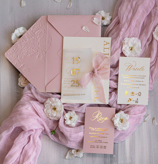 Zaproszenia ślubne z perełkami / tłoczeniem różowe zaproszenia na ślub, nowoczesne zaproszenia z tłoczeniem na kopercie, tłoczone zaproszenia śl 01/KLwsTł/z25