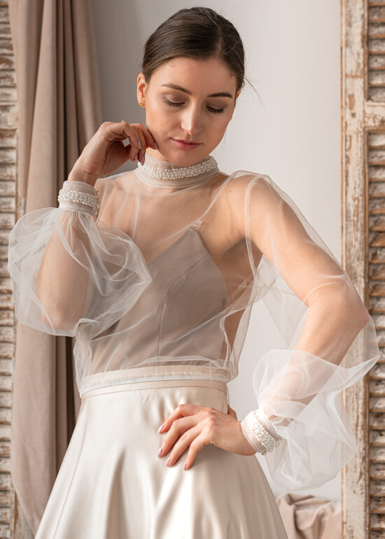 Panna Młoda Bolerka bolerka, narzutki, sweterki delikatne bolerko z tiulu, bolerko na letni ślub, bolerko ślubne z koralikami, delikatna narzutka na 13/BolK/Bol