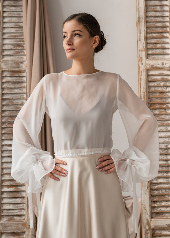 Panna Młoda Bolerka bolerka, narzutki, sweterki szyfonowe bolerko ślubne, narzutka ślubna z szyfonu, bolerko do sukni ślubnej, bolerko ecru z szyfon 03/BolM/Bol