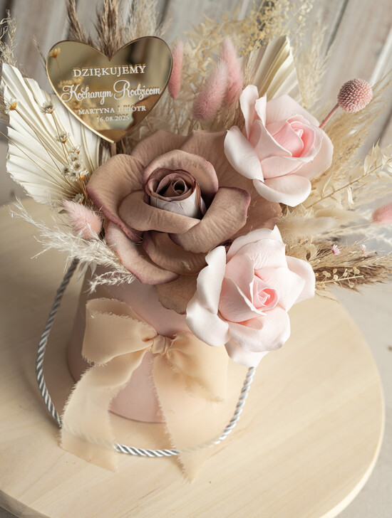 Prezenty, Podziękowania dla Rodziców Kompozycje Kwiatowe / Flowerboxy prezent dla rodziców, prezent dla mamy i taty na wesele, kompozycja z kwiatów suszonych pomysł na pr 05/fboxT/Rodzice