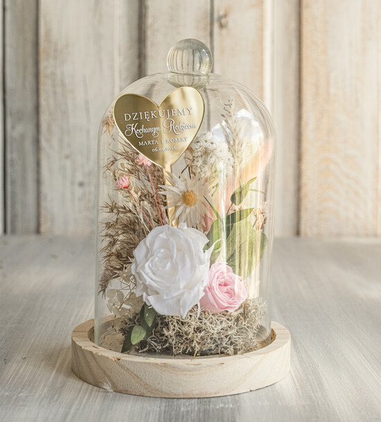 Prezenty, Podziękowania dla Rodziców Kompozycje Kwiatowe / Flowerboxy Podziękowania dla Rodziców flowerbox z suszonych kwiatów, Wieczna róża Podziękowanie od Młodej Pary  03/FBmini/podRd