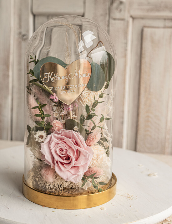 Prezenty dla Mamy kwiaty flowerboxy różowa wieczna róża w szklanej kopule, prezent dla mamy flowerbox z suszonych kwiatów, suszone kwiat 05/fboxSZ/Mama