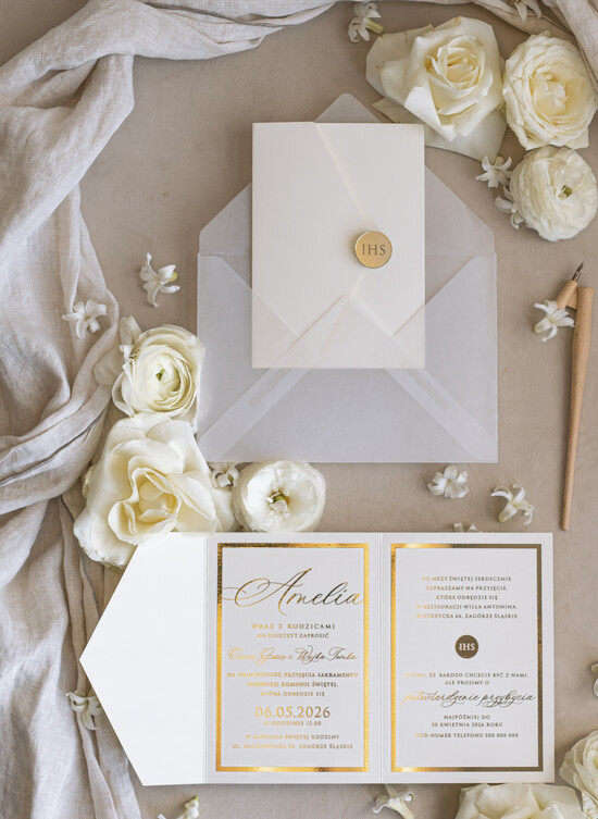 Zaproszenia na Komunię  dziewczynka  komunijne złote zaproszenia, zaproszenia na Pierwszą komunię składane w kopertę, zaproszenia na komu 01/sk2/KomZ