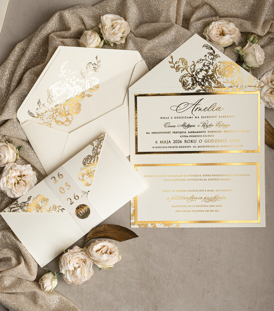 Zaproszenia na Komunię  dziewczynka  Nowoczesne zaproszenia na Komunię, Złote Zaproszenia na Komunię dla dziewczynki, Eleganckie zaprosze 01/KopZl/KomZ